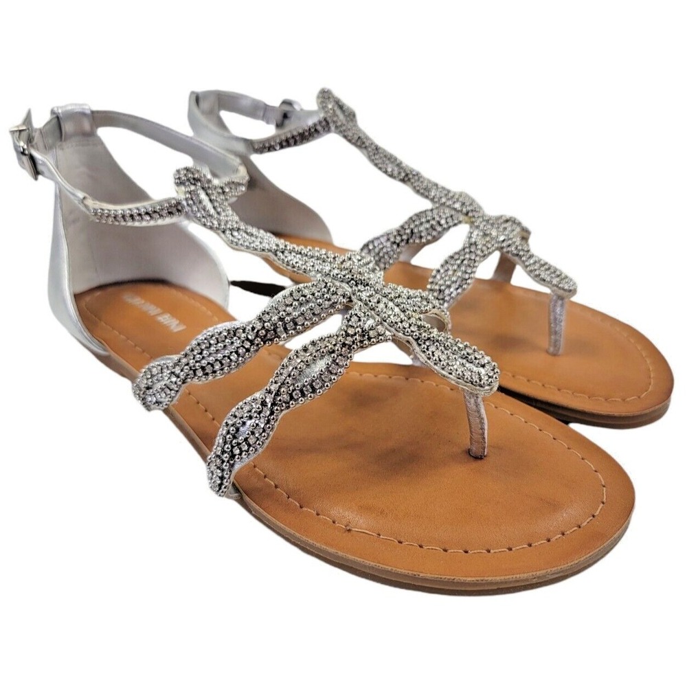 Gianni Bini Xandraa Womens Sz 7.5M Silver Rhinestone‎ Leather Flat Thong Sandals